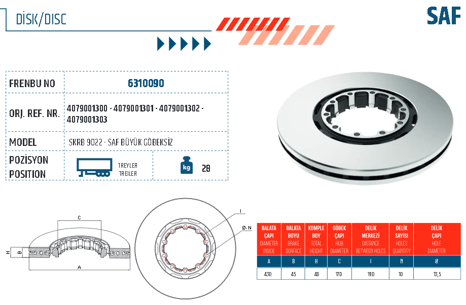 Диск тормозной SAF d 430x45mm SAF SKRB INTEGRAL 22,5