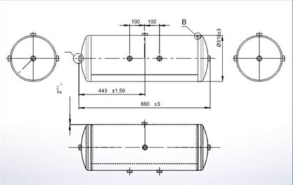 Ресивер повітряний (на 1 вихід по бокам) 60л D=310 L=880 12,5 bar сталь M22 х 1,5