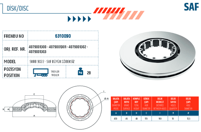 Диск тормозной SAF d 430x45mm SAF SKRB INTEGRAL 22,5